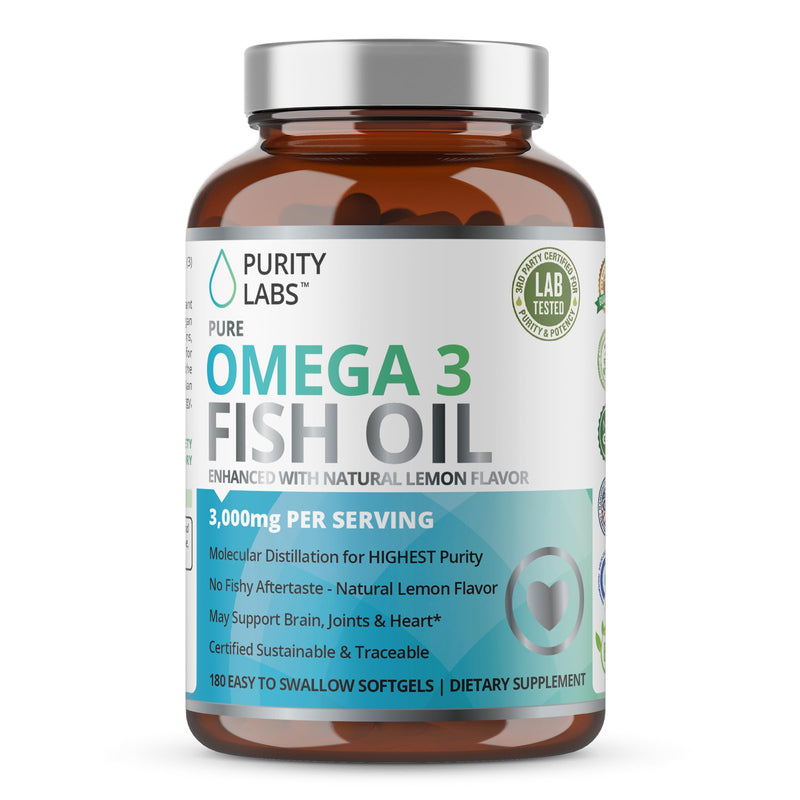 [Australia] - Purity Labs Omega 3 Fish Oil 3000mg – DHA & EPA Omega 3 Fatty Acid Supplements to support Heart and Brain Health - Immune Support Supplement - 180 Softgels (60 Servings) 1 