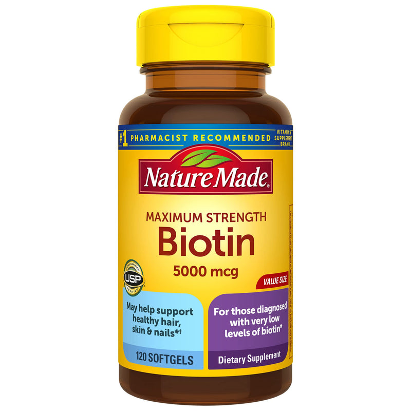 [Australia] - Nature Made Maximum Strength Biotin 5000 mcg, Dietary Supplement may help support Healthy Hair, Skin & Nails, 120 Softgels 120 Count (Pack of 1) 