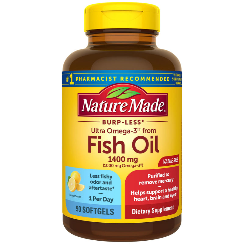 [Australia] - Nature Made Burp Less Ultra Omega 3 Fish Oil Supplements, 1400mg Fish Oil Omega 3 Supplements as Ethyl Esters for Healthy Heart Brain Eyes Support, One Per Day, 90 Softgels 90 Count (Pack of 1) 
