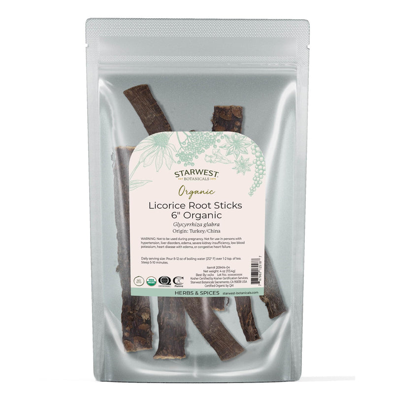 [Australia] - Starwest Botanicals Organic Dried Licorice Root Sticks 6" - Herb for Loose Leaf Tea Blends, Candy, & Baked Goods, Cut & Sifted, Certified Kosher, Non-GMO - 4 oz Pouch 4 Ounce (Pack of 1) 