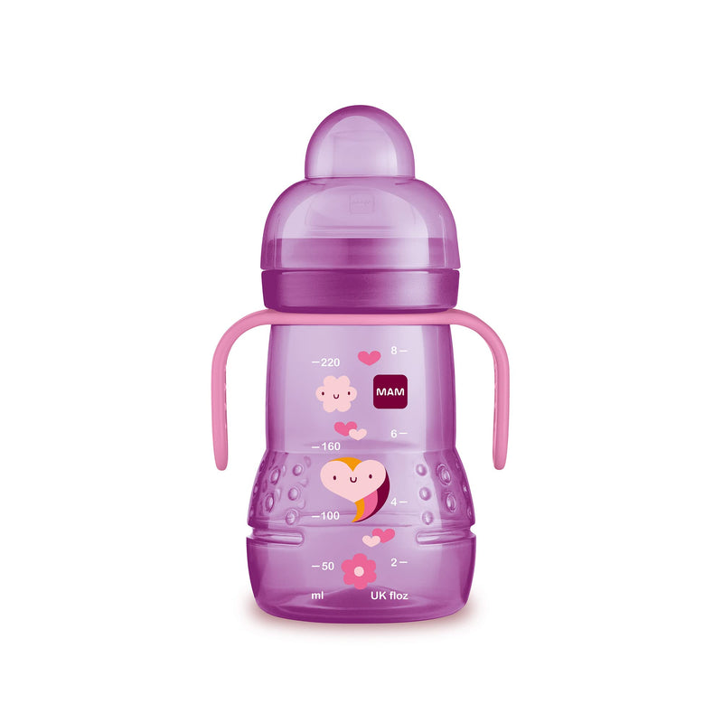 [Australia] - MAM Plastic Trainer Cup (1 Count), 8 oz. Trainer Drinking Cup with Extra-Soft Spout, Spill-Free Nipple, and Non-Slip Handles, for Girls 4+ Months, Designs May Vary Pink 1 Count (Pack of 1) 