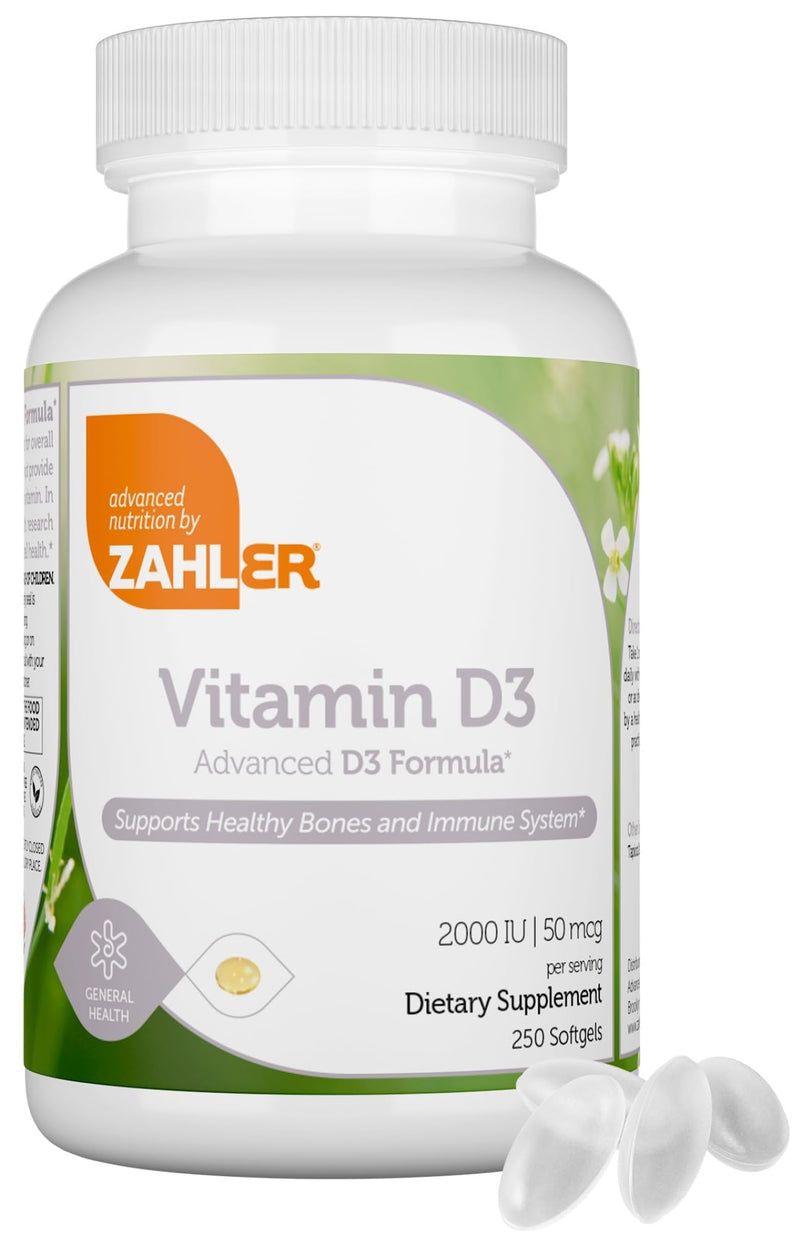 Zahler - Advanced Vitamin D3 2000 IU Softgels (250 Count) Kosher Vegetarian Friendly Vitamin D for Immune Support, Bone, Teeth & Muscle Health - Daily D3 Vitamin Supplement for Adults - Easy Swallow V 250 Count (Pack of 1)