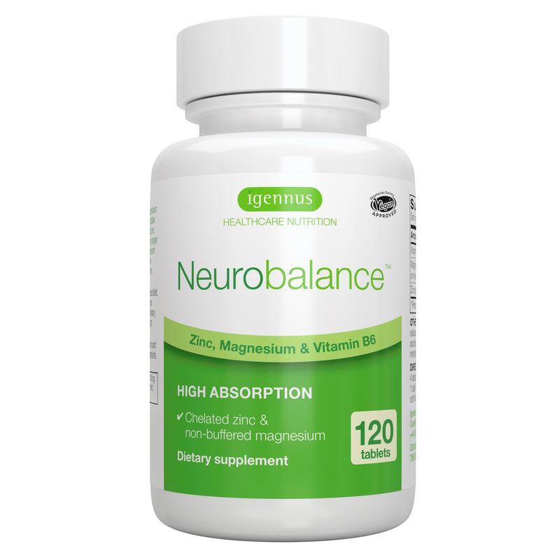 Igennus Neurobalance High Absorption Zinc Magnesium & B6 Complex | Cognitive Support, Calm Focus & Relaxation, Chelated Zinc & Fully Reacted Magnesium, Vegan, Non-GMO, 120 Small Tablets 120 Count (Pack of 1)