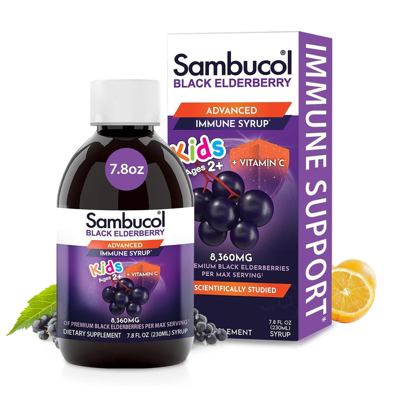 Sambucol Black Elderberry Syrup for Kids - High Antioxidant - 7.8 Fl Oz | Elderberry Liquid with Vitamin C for Kids, High Antioxidants, Daily Wellness Support, Berry Flavor 7.8 Fl Oz (Pack of 1)