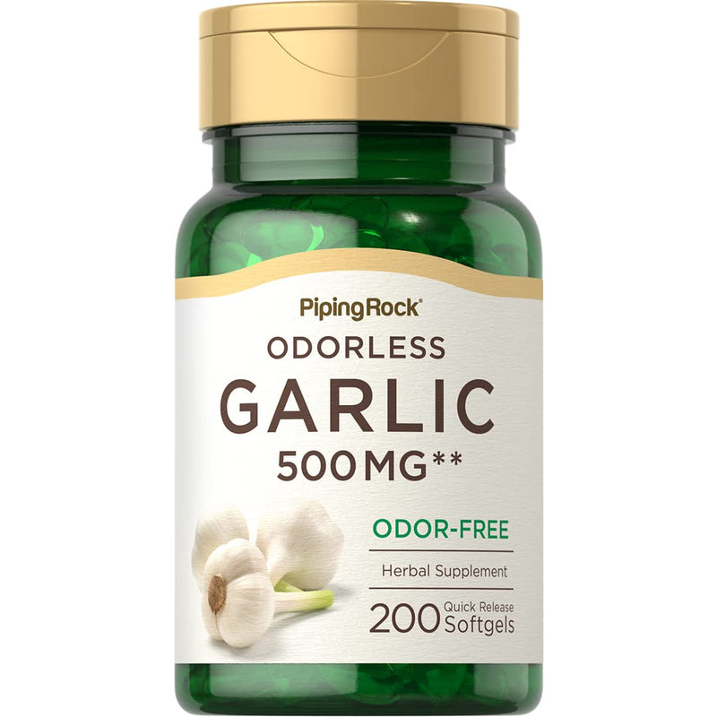 [Australia] - Piping Rock Odorless Garlic Softgels | 500mg | 200 Pills | Herbal Extract Supplement | Odor-Free, Non-GMO, Gluten Free 
