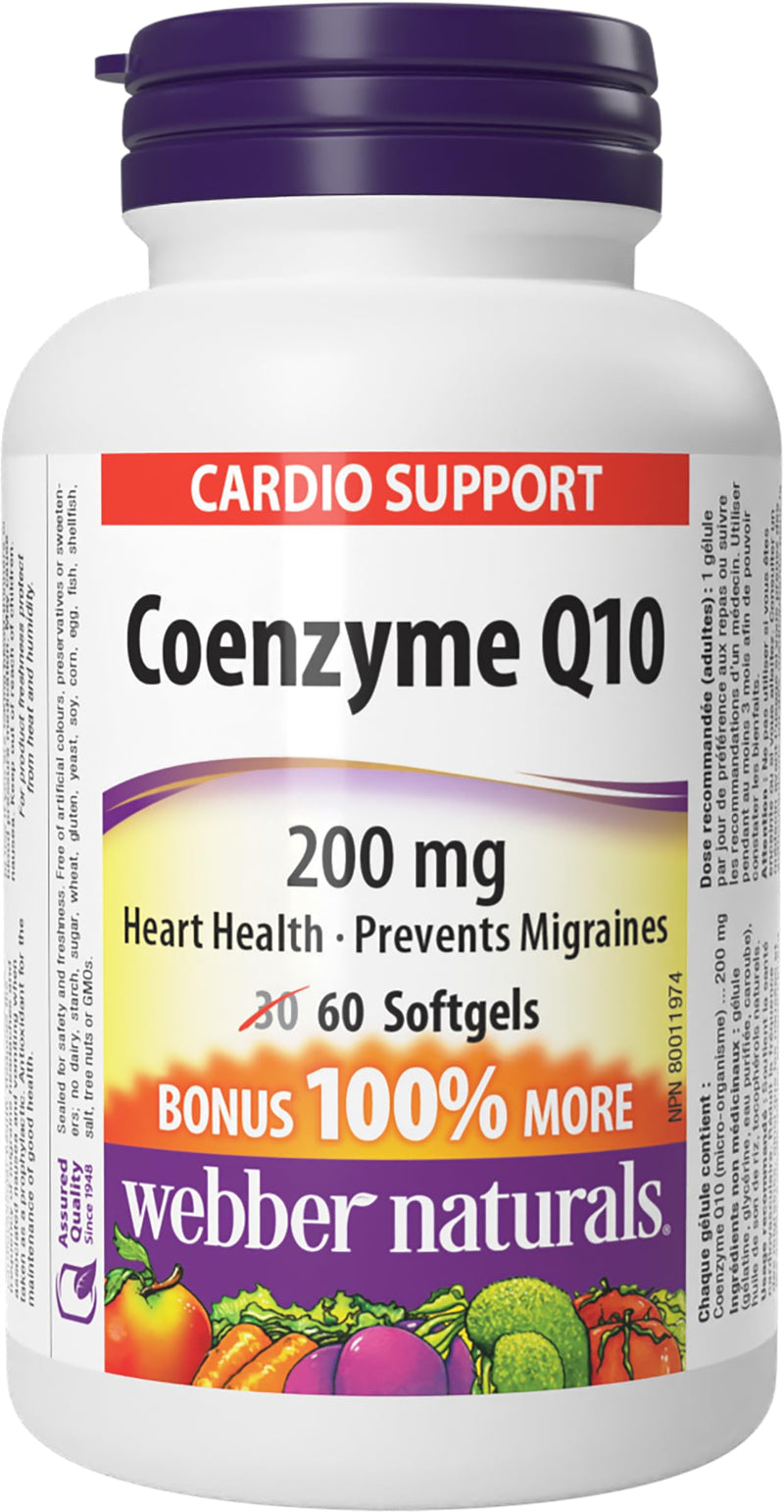 Webber Naturals CoQ10 200mg, Coenzyme Q10 Supplement, 60 Softgels | High Potency Co Q10 Antioxidant Supplement for Heart Health & Cellular Energy Production, 60 Day Supply, Gluten Free