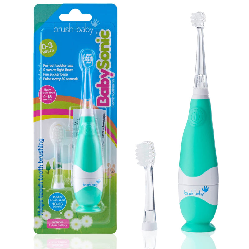 [Australia] - brush-baby BabySonic Infant and Toddler Electric Toothbrush for Ages 0-3 Years - Smart LED Timer and Gentle Vibration Provide a Fun Brushing Experience - includes 2 Sensitive Brush Heads (Teal) Teal 
