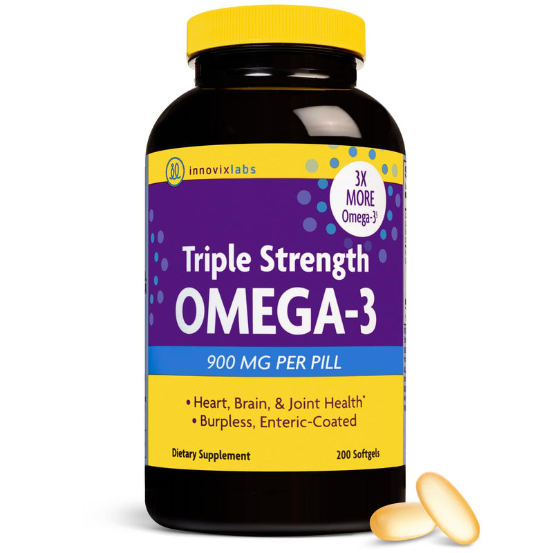 [Australia] - InnovixLabs Triple Strength Omega 3 Fish Oil Supplement, 900 mg, Pure EPA DHA Omega 3 Supplement Brain and Joints, Burpless Omega-3 for Women and Men with Enteric Coating, 200 Capsules 