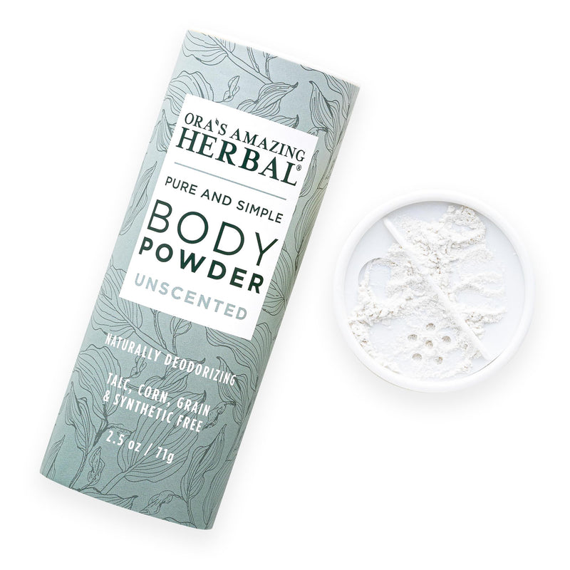 Ora's Amazing Herbal Fragrance Free Body Powder for Women and Men, Unscented Talc Free Talcum Powder, Cornstarch Free Dusting, Waxing, Natural Sugaring, Foot Powder, Dry Shampoo, Made in USA, 2.5 oz