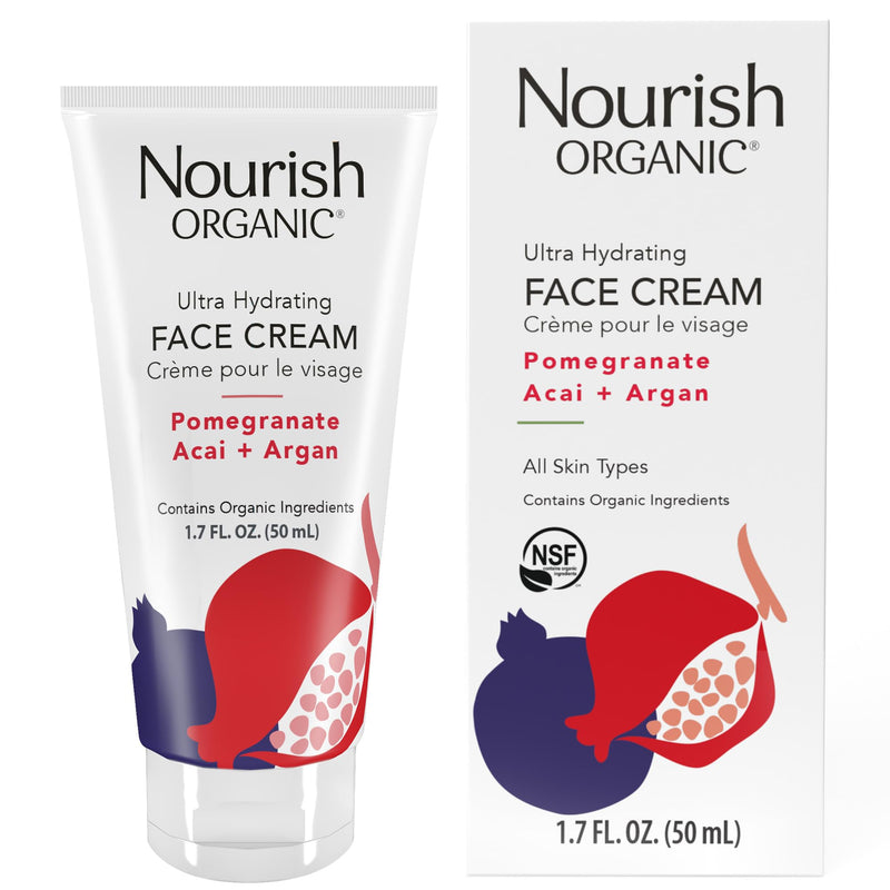 Nourish Organic Face Cream, Pomegranate Acai + Argan – Ultra Hydrating Formula with Aloe Vera & Green Tea Extract, 1.7 Oz + Washable Cotton Round white 1 Count (Pack of 1)