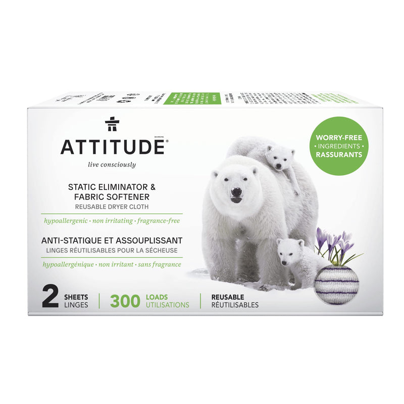 [Australia] - ATTITUDE Static Eliminator and Fabric Softener, Reusable Dryer Cloth, Hypoallergenic and Fragrance-Free, Vegan and Cruelty-Free Household Products, 300 Loads, 2 Sheets 