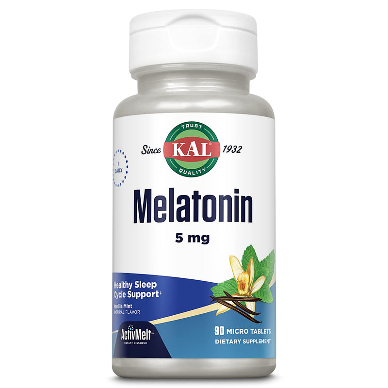 KAL Melatonin 5mg Sleep Aid for Adults with Vitamin B6, 90 Micro Tablets | Supports Restful Relaxation and a Healthy Sleep Cycle - Fast-Dissolving ActivMelts, Natural Vanilla Mint Flavor, Vegetarian 90 Count (Pack of 1)