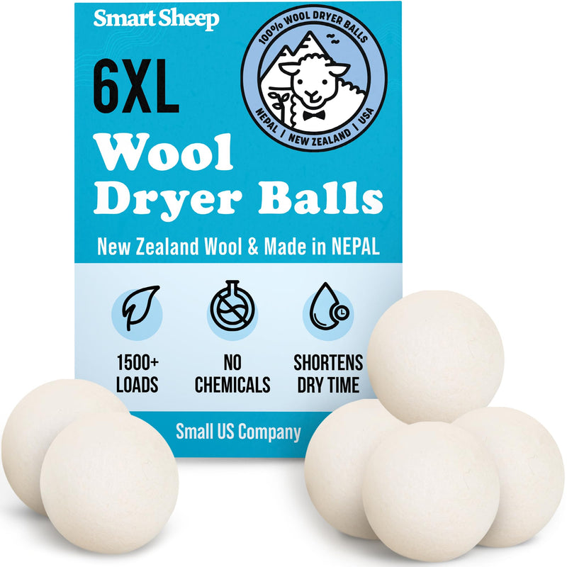 [Australia] - Wool Dryer Balls - Smart Sheep 6-Pack - XL Premium Natural Fabric Softener Award-Winning - Wool Balls Replaces Dryer Sheets - Wool Balls for Dryer - Laundry Balls for Dryer White 