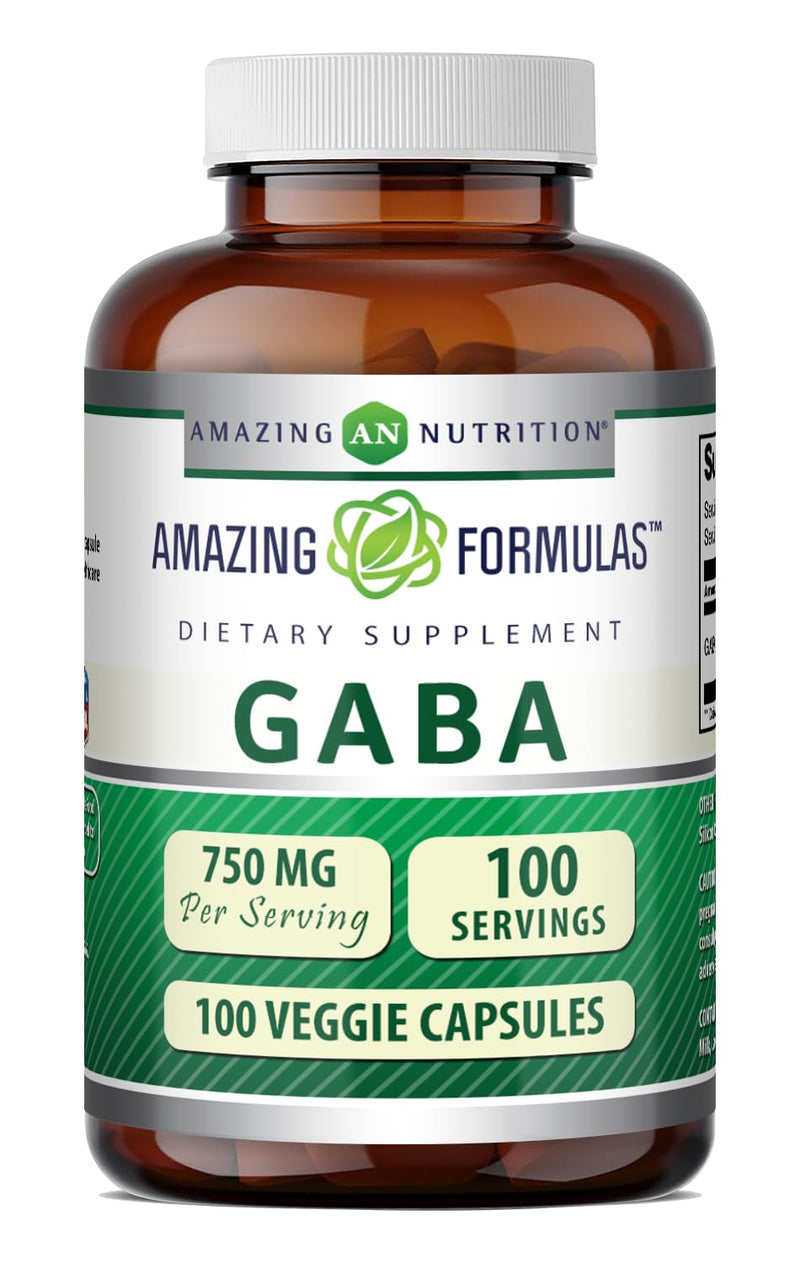 Amazing Formulas GABA Supplement | 750 Mg per Serving | 100 Veggie Capsules | Non-GMO | Gluten-Free | Made in USA | Ideal for Vegetarians Unflavored - 100 Count