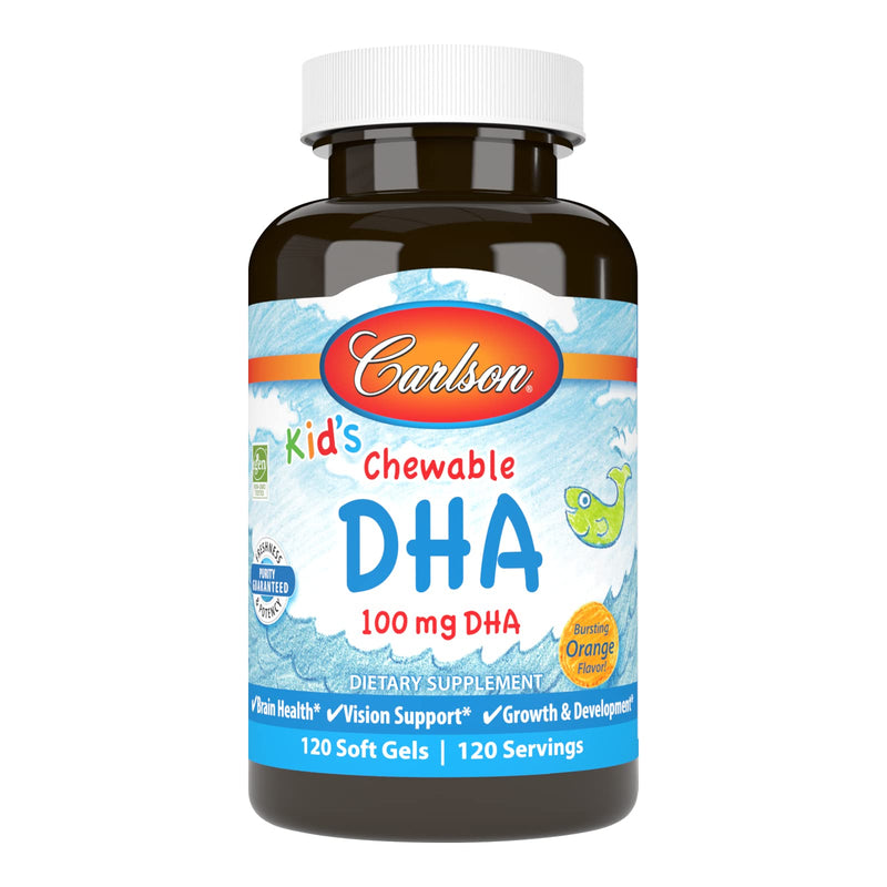 Carlson Kid's Chewable DHA, 100 mg, DHA, From Norway, 120 Chewable Softgels | Orange; Growth and Development; Wild Caught; Sustainably Sourced; Non-GMO 120 Count (Pack of 1)