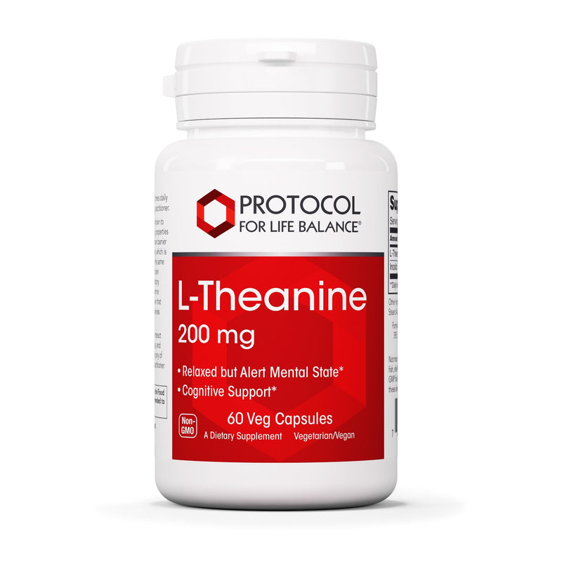 PROTOCOL FOR LIFE BALANCE L-Theanine 200mg, Stress Relief*, 60 Veg Caps | Support Relaxed but Alert Temperament*, Supports Brain Health and Efficiency*, Free of Dairy, Gluten, and Soy, Non-GMO, Vegan