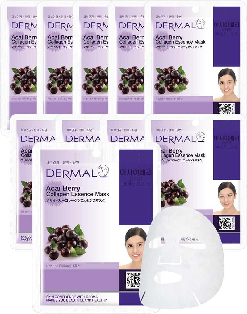 DERMAL Acai Berry Collagen Essence Facial Mask Sheet 23g Pack of 10 - Moisturizing & Firming Keeps Skin Healthy and Clean, Daily Skin Treatment Solution Sheet Mask