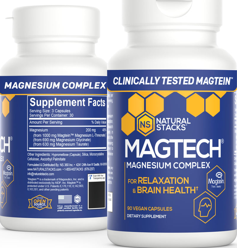 [Australia] - MagTech Magnesium Supplement - Chelated Magnesium Complex - 3 Forms of Magnesium: Magtein Magnesium L-Threonate, Glycinate & Taurate - Supports Relaxation & Brain Health*, 90 Magnesium Capsules Capsule 90 Count (Pack of 1) 