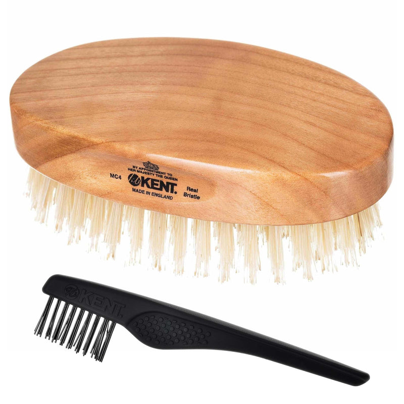 [Australia] - Kent MC4 Men's Hair and Beard Brush Kit: Exfoliating Natural Boar Bristle Hair Brush, Cherrywood Base with Firm Bristles for Coarse Hair Types - LPC3 Brush Cleaner - Premium Grooming Set MC4. 