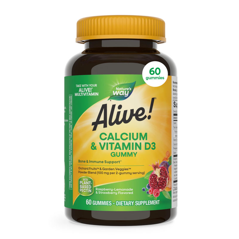 Nature’s Way Alive! Chewable Calcium Gummies with Vitamin D3, 60 ct | Daily Supplement Supports Healthy Bones and Teeth, and Muscle Function*, Strawberry and Raspberry-Lemonade Flavored 60 Count (Pack of 1)