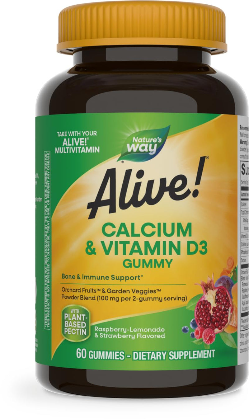[Australia] - Nature's Way Alive! Daily Calcium & Vitamin D3 Gummies, Bone Support*, Immune Support*, Strawberry and Raspberry- Lemonade Flavored, 60 Gummies (Packaging May Vary) 