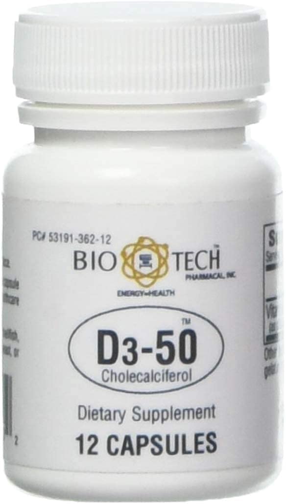 Bio-Tech Pharmacal D3-50 50,000 IU, 12 Capsules – All-Natural Supplement – Supports Bone & Immune Health – No Dairy, Fish, Gluten, Peanut, Shellfish, & Soy