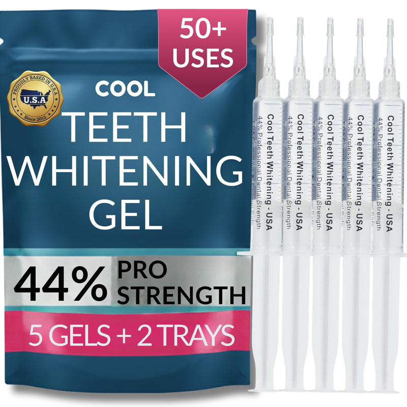 Teeth Whitening Gel with Trays 44% Carbamide Peroxide 5 Syringes - 50+ Uses | Enamel Safe Dentist Strength Tooth Whitener Removes Coffee, Wine, Tobacco Stains, Vegan, Gluten Free, 2 Trays Included