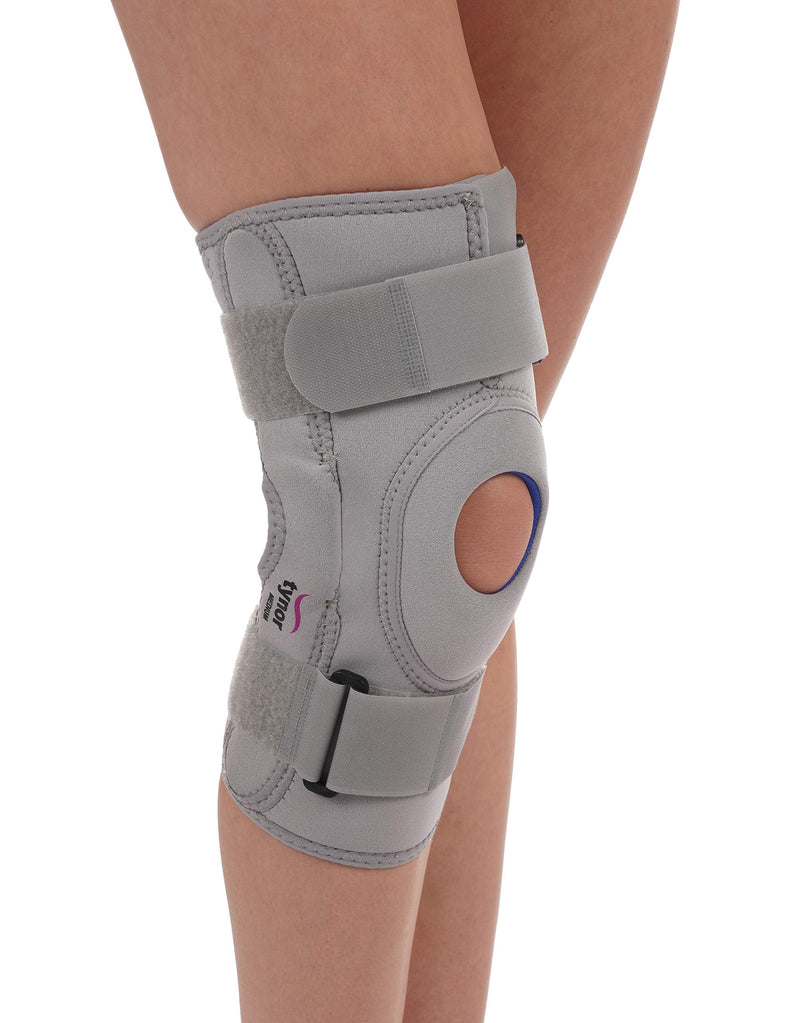 [Australia] - TYNOR Hinged Knee Brace with Double Strap Adjustable Neoprene Knee Support For Men & Women, Arthritis, Meniscus Tear, ACL with Open Patella with Removable Metal Hinges & Side Stabilizers (Small) S 