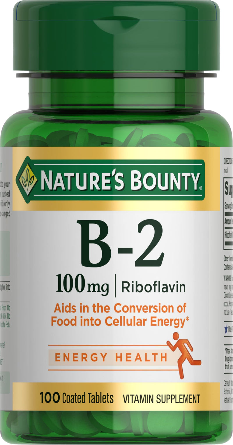 Nature's Bounty Vitamin B-2 100mg, 100 Tablets | Riboflavin Supplement, Aids Energy Metabolism, 100 Day Supply No artificial flavor 100 Count