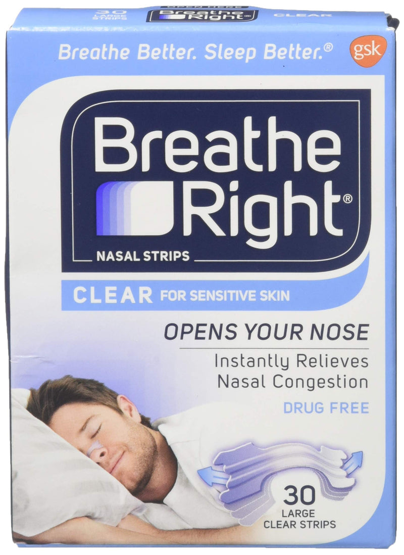 [Australia] - Breathe Right Nasal Strips Clear for Sensitive Skin Large, 30 Count (Pack of 4) 