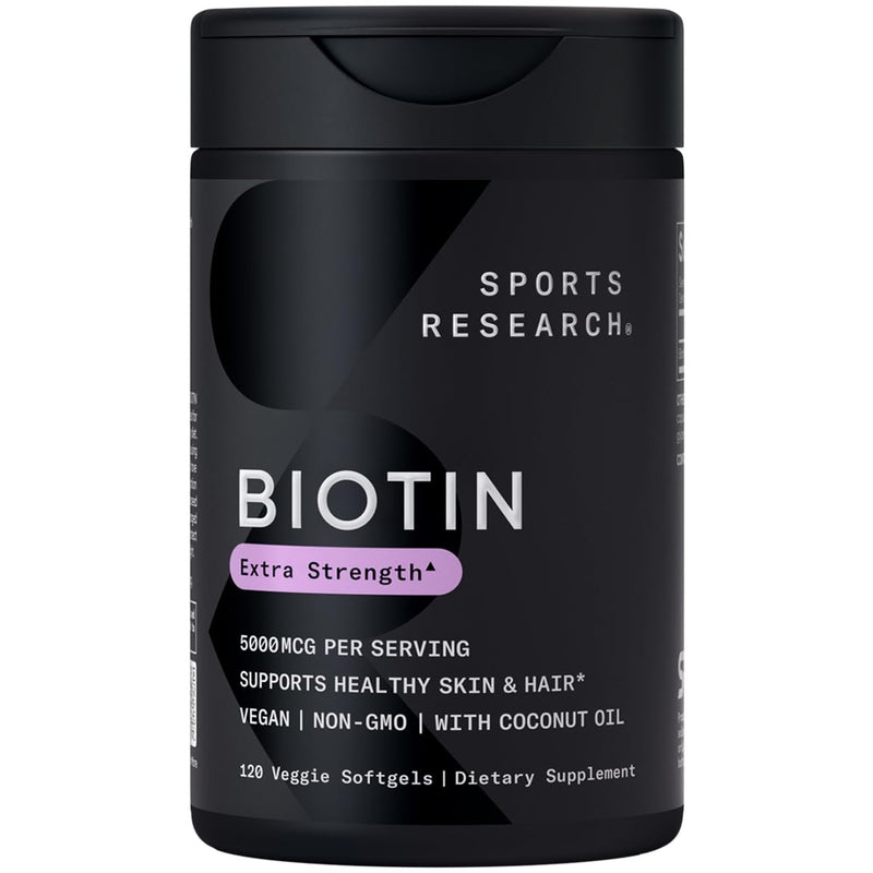 [Australia] - Sports Research Vegan Biotin 5000mcg with Organic Coconut Oil - Extra Strength Biotin Vitamin B7 for Healthier Hair & Skin + Keratin Support - Non-GMO & Gluten Free, 120 Softgels (4 Month Supply) 120 Count (Pack of 1) 