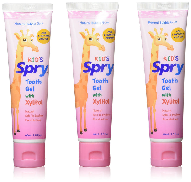 [Australia] - Spry Natural Xylitol Toothpaste for Baby, Toddler and Kids Age 3 Months and Up - Fluoride Free Tooth Gel, Tasty, Support Development of Emerging Teeth, Bubble Gum 2 Fl Oz (Pack of 3) 