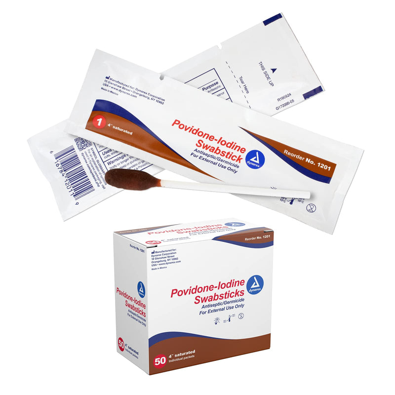 [Australia] - Dynarex Povidone Iodine Swabsticks, Swabstick Packaged in Individual Foil Pack, Antiseptic for Skin Preparation, Brown, 1 Box of 50 Dynarex Povidone Iodine Swabsticks Unflavored 1 Count (Pack of 50) 