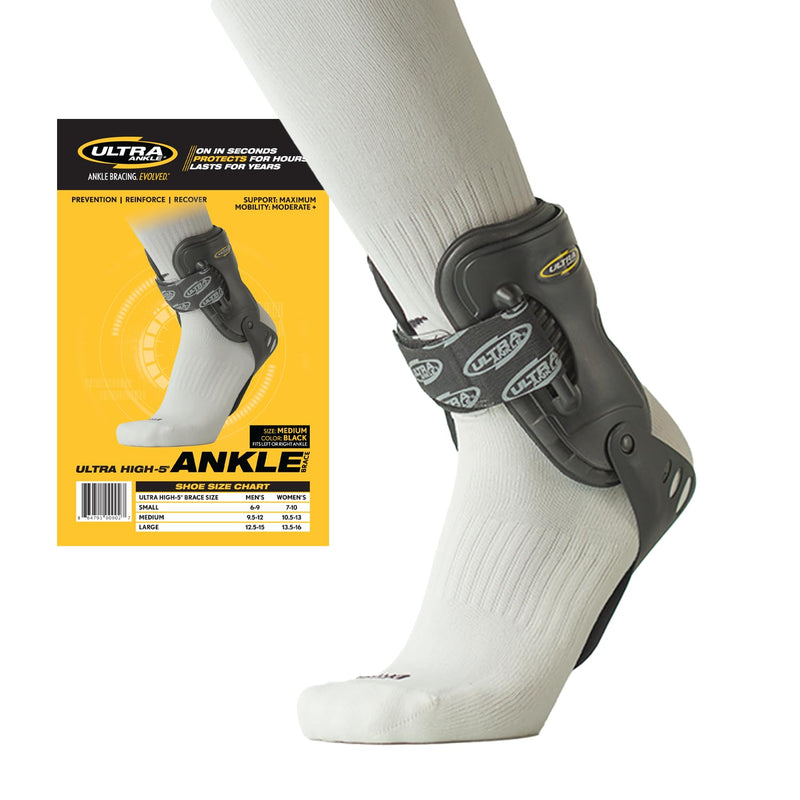 Ultra High-5 Ankle Support Brace – Everyday Stability Gear for Chronic Ankle Instability – Rigid Bilateral Shell, Boot-Ready Fit for Workers, Hikers, & Comfortable Support for Active Aging Adults - Medium Black Medium (Pack of 1)