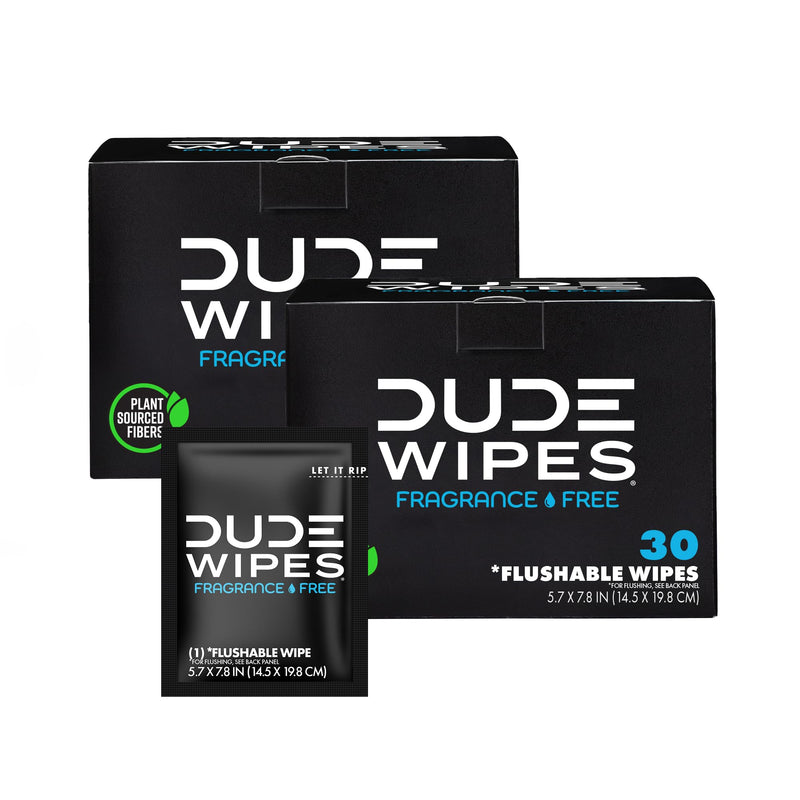 DUDE Wipes On-The-Go Unscented Adult Flushable Travel Wipes, 60 Count | 60 individually wrapped flushable butt wipes. Travel essentials. Hypoallergenic, 99% water, vitamin E and aloe. Septic safe. Fragrance Free 30 Count (Pack of 2)