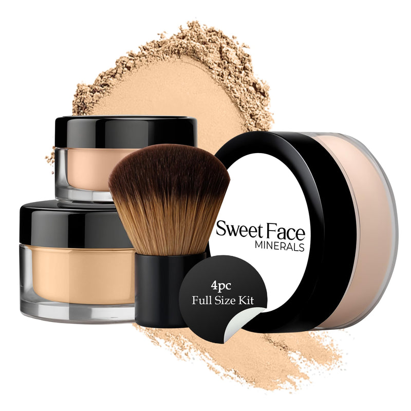 [Australia] - 4pc Full Size Kit (Warm Shade) Mineral Makeup Matte Translucent Loose Foundation + Kabuki Brush + Concealer + Finishing Setting Powder + Bare Face Full Coverage SPF 30 All Skin Types Waterproof WARM Neutral Shade-Most Popular 