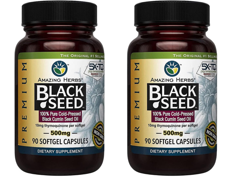 [Australia] - Amazing Herbs Premium Black Seed Oil Capsules - Gluten Free, Non GMO, Cold Pressed Nigella Sativa Aids in Digestive Health, Immune Support, Brain Function - 90 Count, 500mg (Pack of 2) 