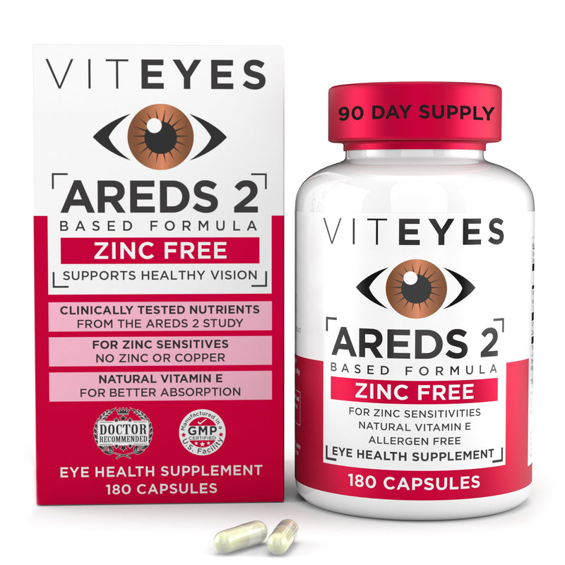 Viteyes AREDS 2 Zinc Free Macular Support, Natural Allergen Free Capsules with Vitamin E, Vitamin C, Lutein & Zeaxanthin, No Zinc, No Copper, Eye Doctor Trusted, Manufactured in the USA, 180 Ct 180 Count (Pack of 1)