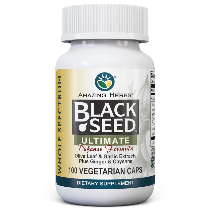 [Australia] - Amazing Herbs Whole Spectrum Black Seed Ultimate, Vegetarian Capsules - Olive Leaf & Garlic Extracts Plus Ginger & Cayenne, Gluten Free, Non GMO, Vegan - 100 Count 