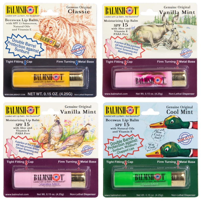 BALMSHOT Lip Balm 4-Pack - SPF 15 Beeswax Formula with Aloe & Vitamin E, PABA Free - Classic, Cool Mint, Vanilla Mint & Pink Camo Vanilla Mint - 20-Gauge Brass Tube - Made in USA