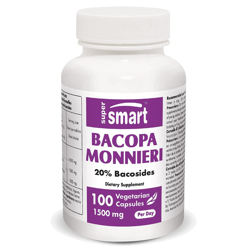 [Australia] - Supersmart - Bacopa Monnieri 1500 mg Per Day - Nootropic Supplement & Brain Boost - Help Improve Learning, Memory & Information Processing | Non-GMO & Gluten Free - 100 Vegetarian Capsules 