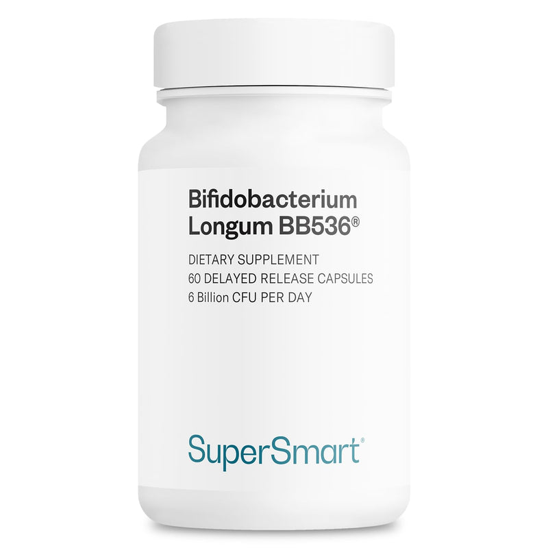 Supersmart Bifidobacterium Longum (BB536) 6 Billion CFU per Day - Probiotics & Prebiotics Supplement | Non-GMO & Gluten Free - 60 DR Capsules | Improves Bowel Disorders - Strengthens the Immune System - Reduces Pollen Allergy Symptoms