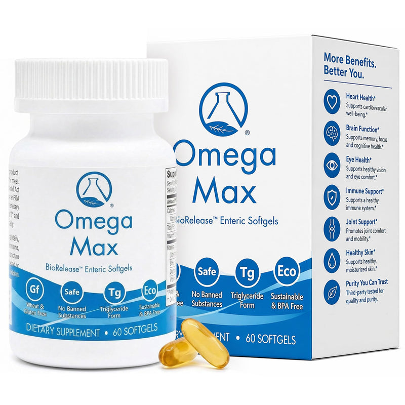 Omega MAX, 60 Ct - No Burp Fish Oil Supplement (2000mg/serving) | The only High Potency Omega 3 EPA DHA Triglyceride codeveloped by NASA. For Heart, Brain, Vision, Prenatal. Enteric softgels