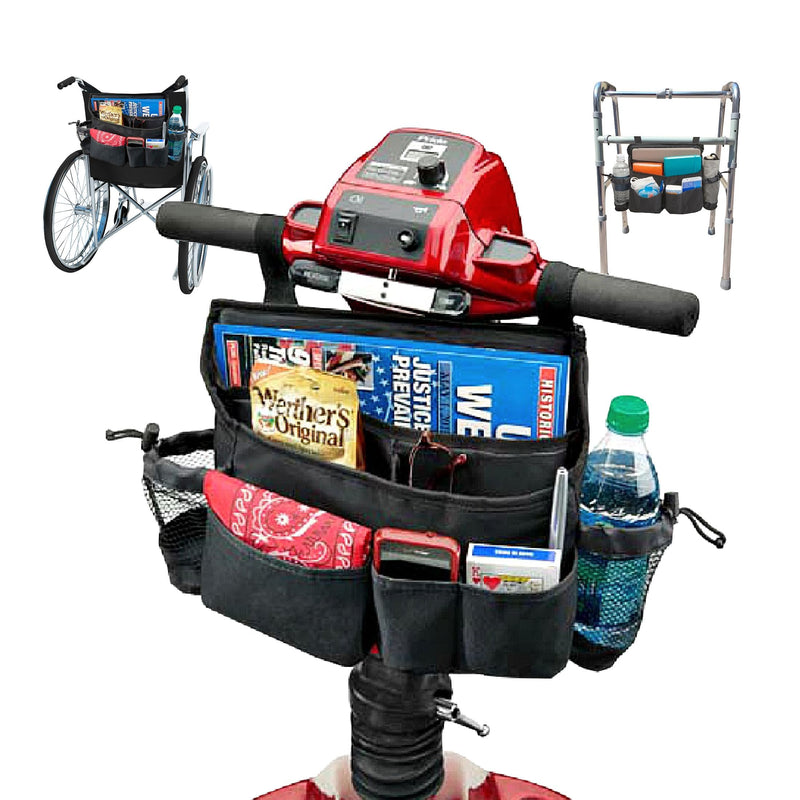 [Australia] - High Road Mobility Scooter Bag, Walker Caddy and Wheelchair Storage Bag - 8-Pocket Mobility Organizer with Bottle and Cup Holder for Wheelchairs, Walkers and Scooters Black 