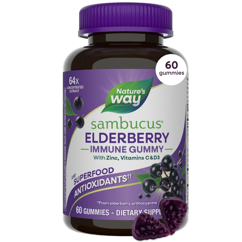 Nature's Way Sambucus Elderberry Gummies for Immune Support* Ages 4+, 60 ct | Immune Gummy with Black Elderberry Extract, Vitamin C, D3, Zinc, and Superfood Antioxidants*, Adults & Kids Ages 4+ 60 Count (Pack of 1)