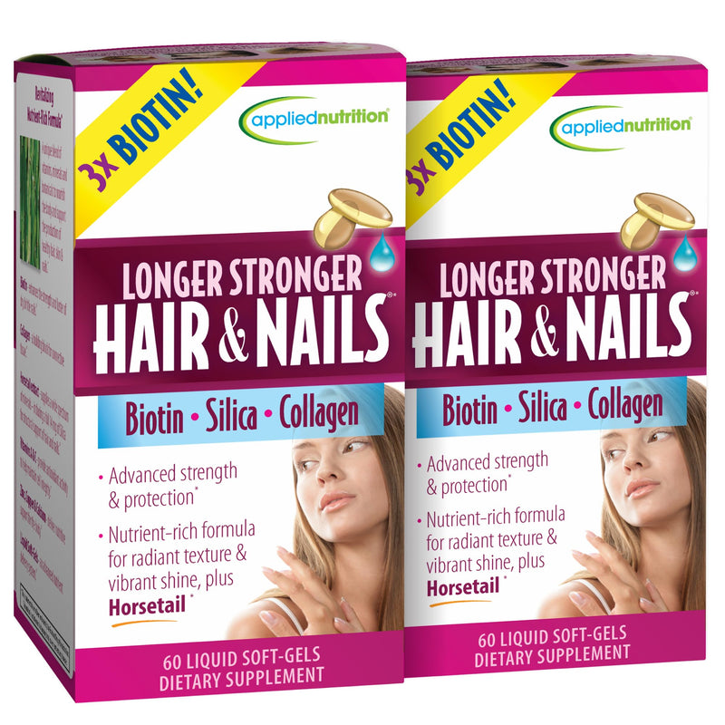 Applied Nutrition Longer Stronger Hair & Nails - 60 Liquid Soft-Gels, Pack of 2 - Biotin, Silica & Collagen - 60 Servings | Healthy Hair & Nails | Biotin + Silica + Gotu Kola | Beauty Nutrition Supplement | 2 X 60 Liquid Soft-Gels 60 Count (Pack of 2)