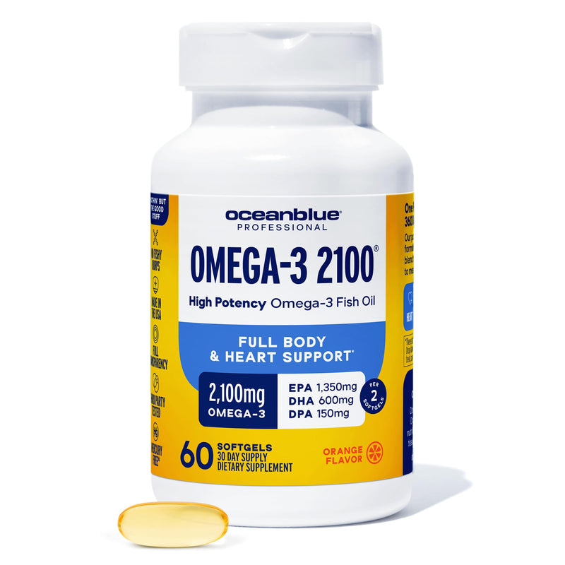 Oceanblue Professional Omega-3 2100 - Triple Strength DPA EPA DHA Omega 3 Supplement - High Potency Burpless Wild Caught Fish Oil - Orange Flavor, 60 Softgels (30 Servings) 60 Count (Pack of 1)