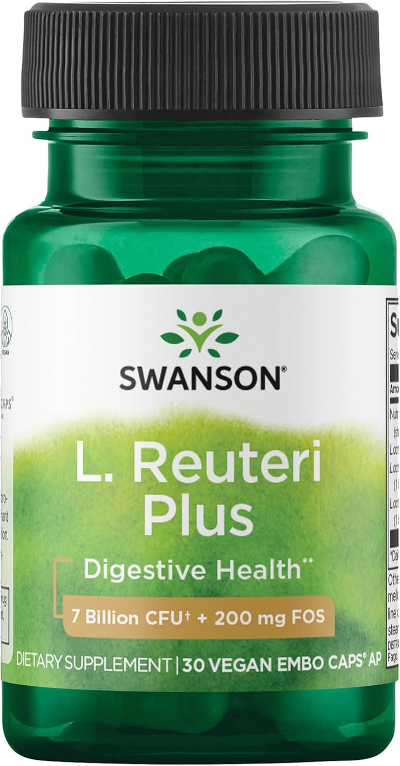 Swanson L. Reuteri Probiotic Plus, 7 Billion CFU, 30 Vegan Capsules | With Lactobacillus Rhamnosus, Acidophilus, and FOS Prebiotic for Gut-Health-Conscious Adults, Full-Spectrum Support 30 Count (Pack of 1)