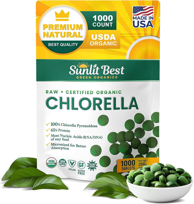 Sunlit Best USDA Organic Premium Chlorella Tablets 1000 Count | 100% Pure Chlorella Superfood Supplement High in Protein, Chlorophyll, Vitamins, & Minerals | Supports Good Health, Wellbeing | USDA Certified, Cracked Cell Wall Absorption, 60% Vegan Prot...