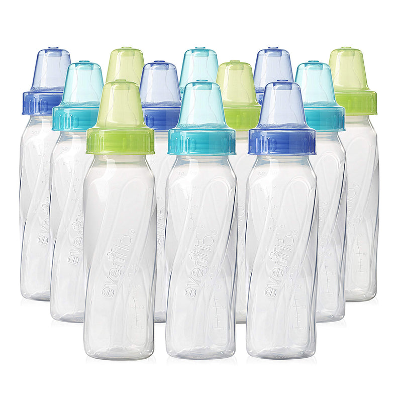 [Australia] - Evenflo Feeding Classic Clear Plastic Standard Neck Bottles for Baby, Infant and Newborn - Teal/Green/Blue, 8 Ounce (Pack of 12) 